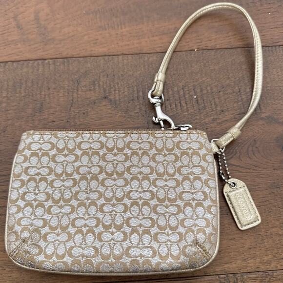 Coach Monogram Logo Canvas Wristlet Pouch Wallet Beige Designer Zipper - Picture 1 of 6
